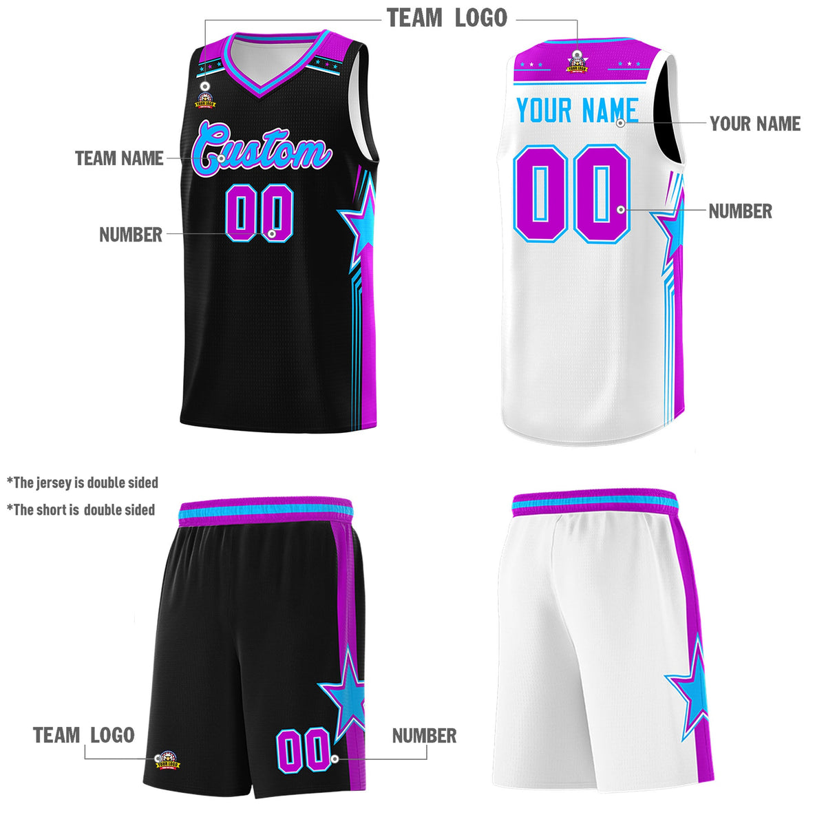 Custom Black White Double Side Kits Men Basketball Jersey