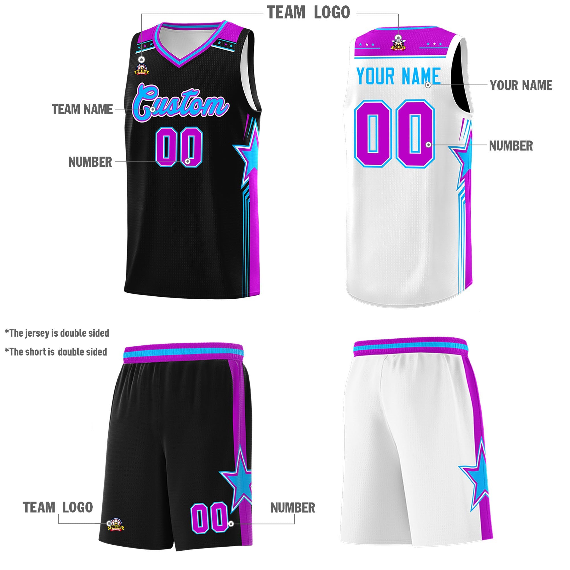 Benutzerdefinierte schwarz weiß doppelseitige Kits Männer Basketball Jersey