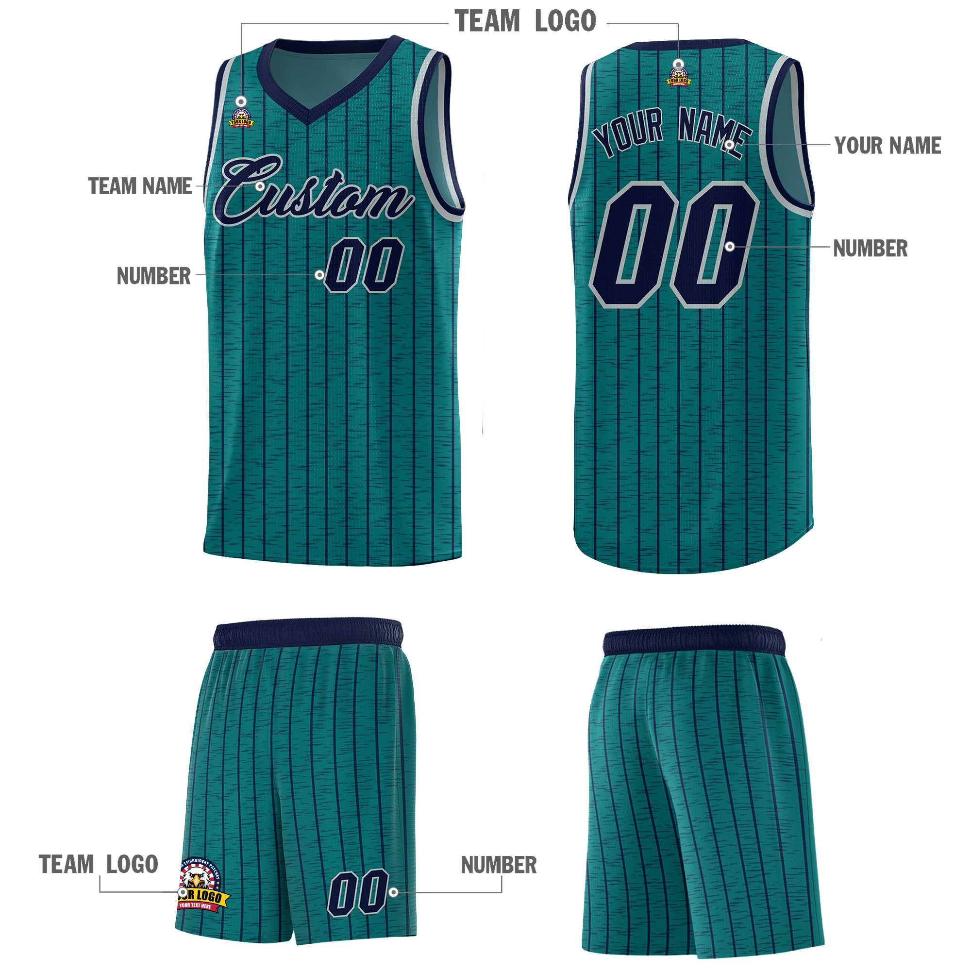 Custom Teal Custom Gray Pinstripe Retro Sets Uniform Basketball Jersey