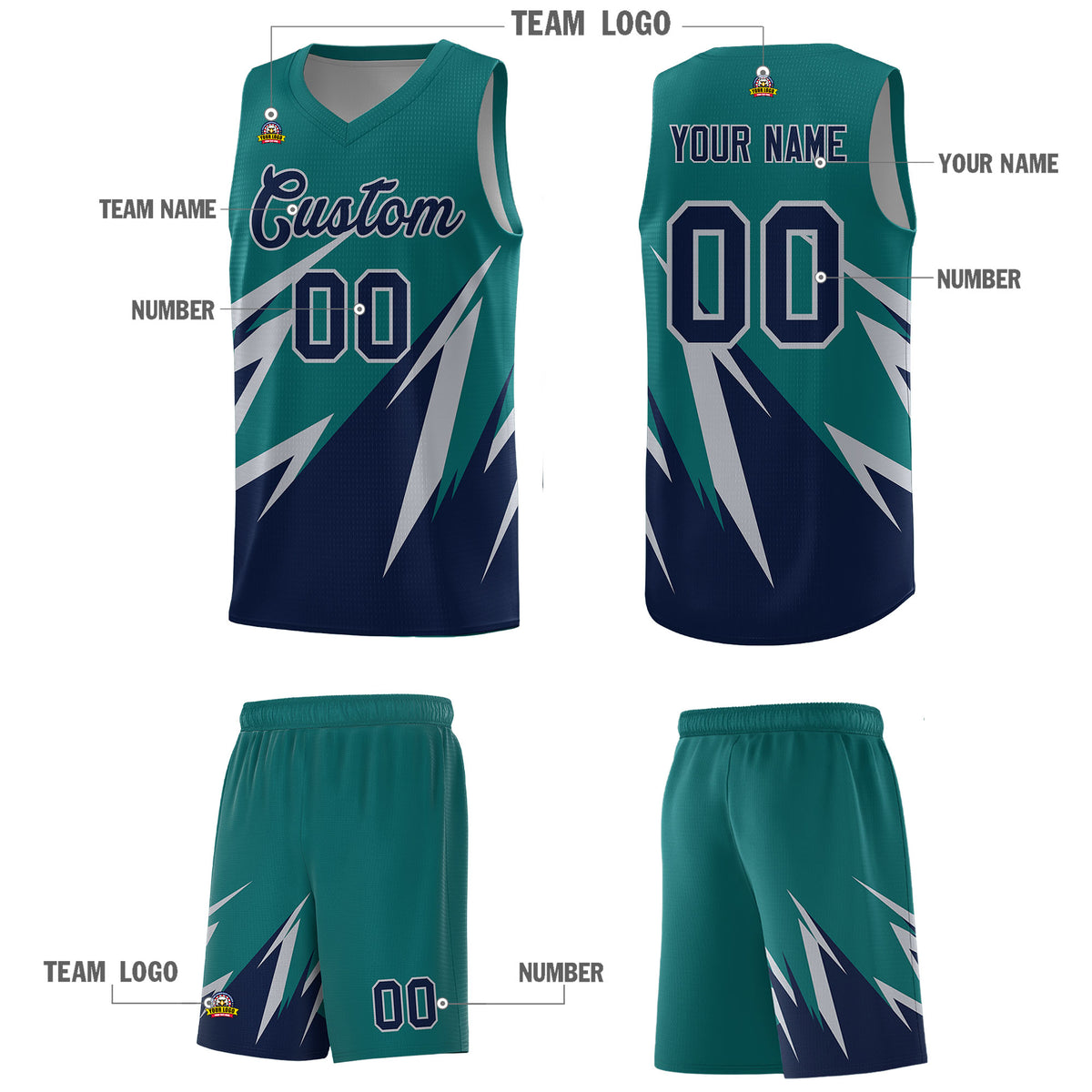 Custom Teal Abstract Mountain Pattern Sports Uniform Basketball Jersey
