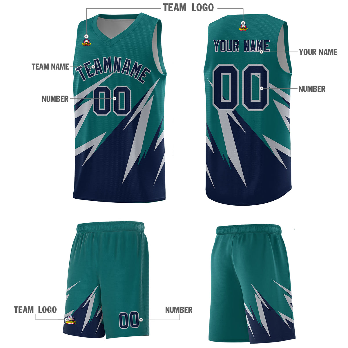 Custom Teal Abstract Mountain Pattern Sports Uniform Basketball Jersey