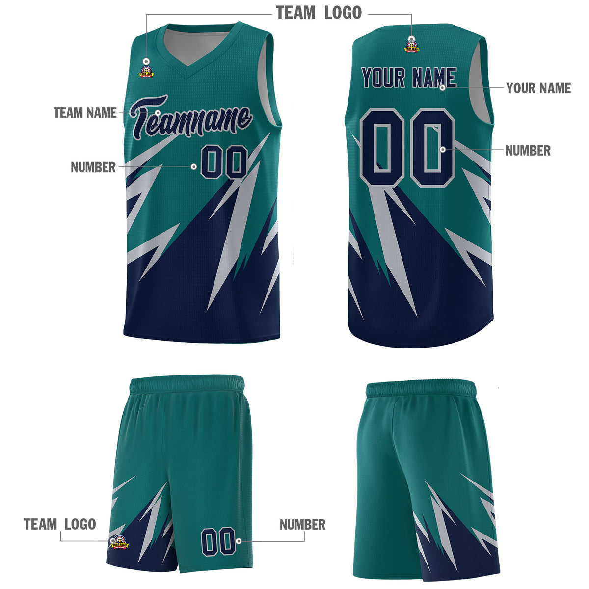 Custom Teal Abstract Mountain Pattern Sports Uniform Basketball Jersey