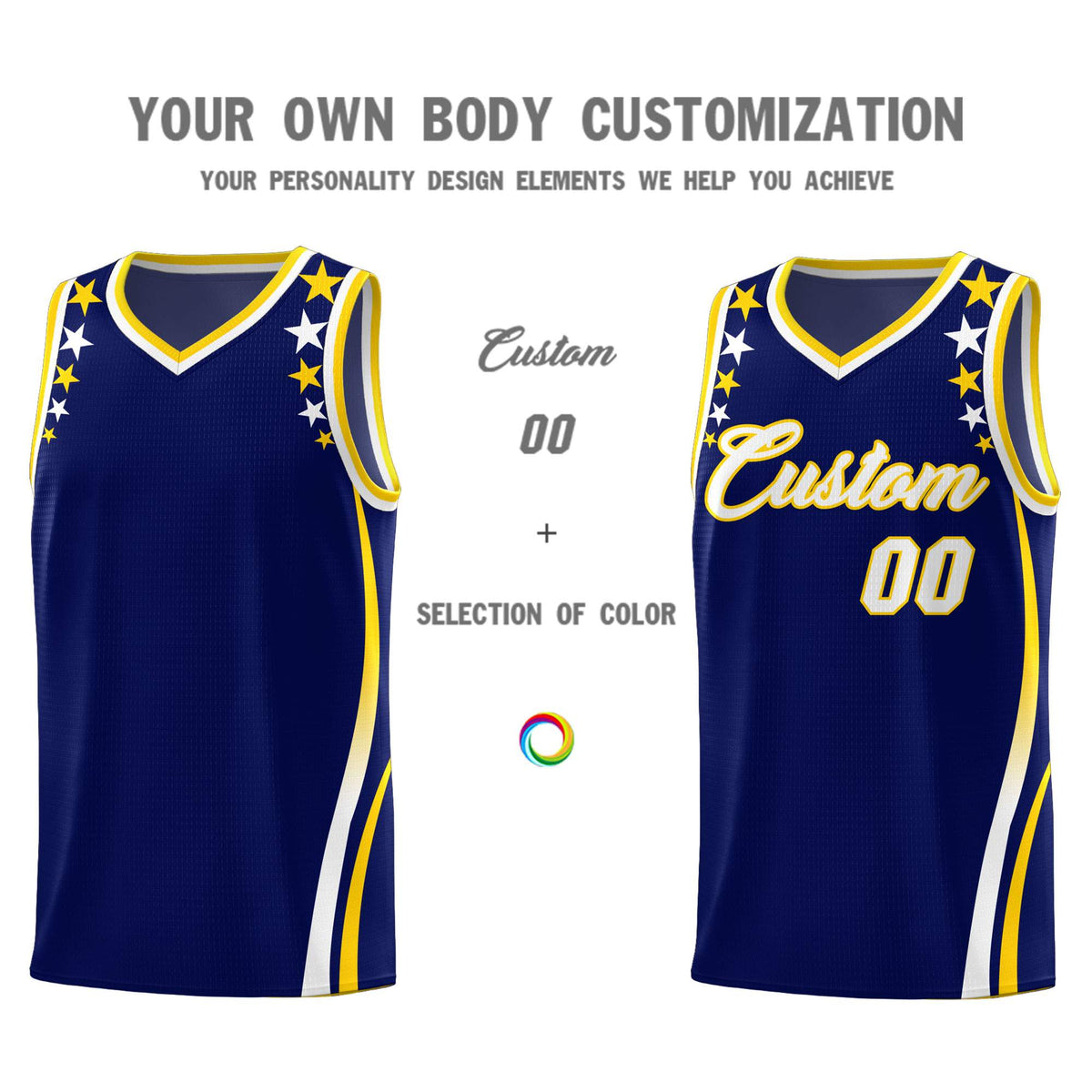 Custom Navy Shoulders Star Pattern Side Color Block Sports Uniform Basketball Jersey|KXKSHOP