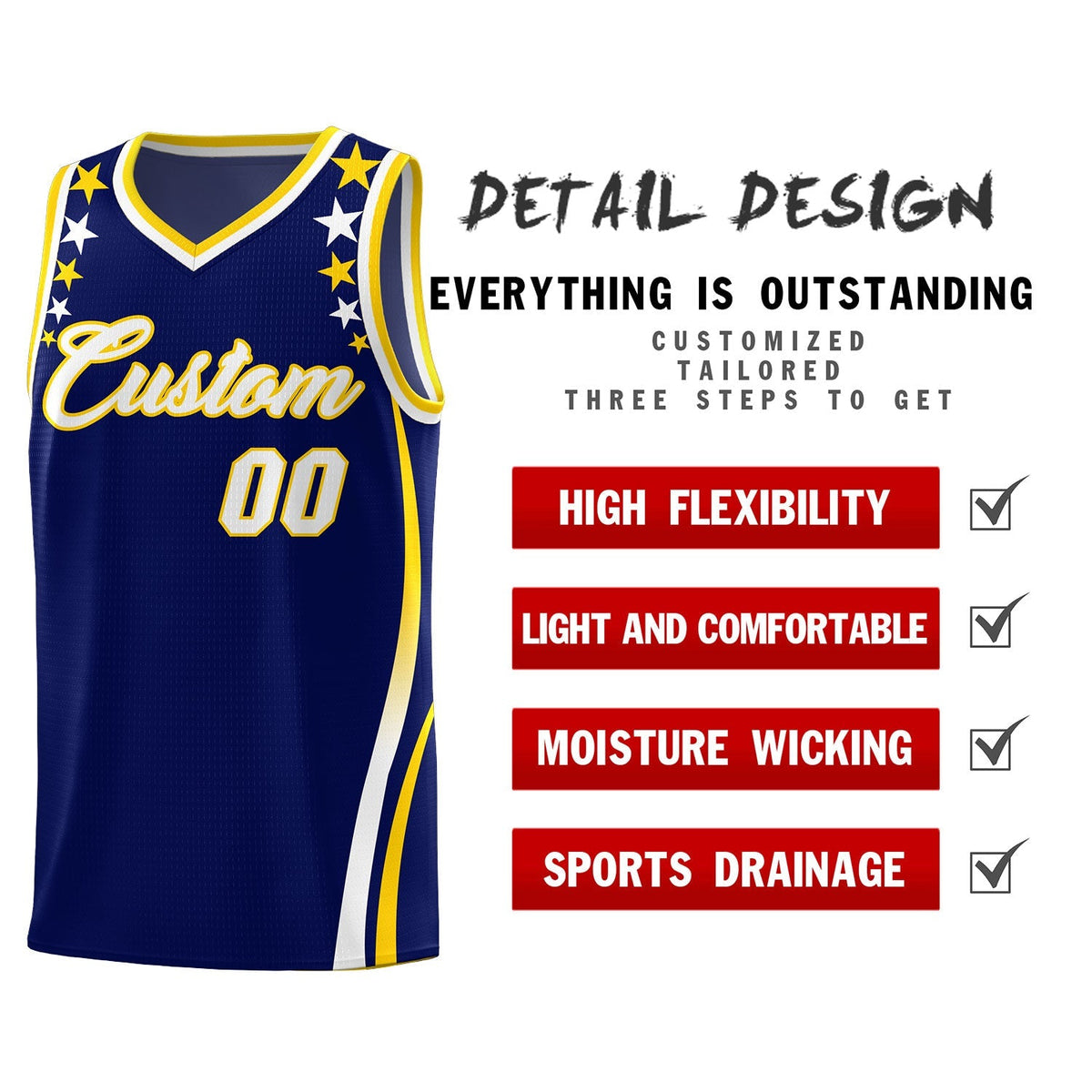 Custom Navy Shoulders Star Pattern Side Color Block Sports Uniform Basketball Jersey|KXKSHOP