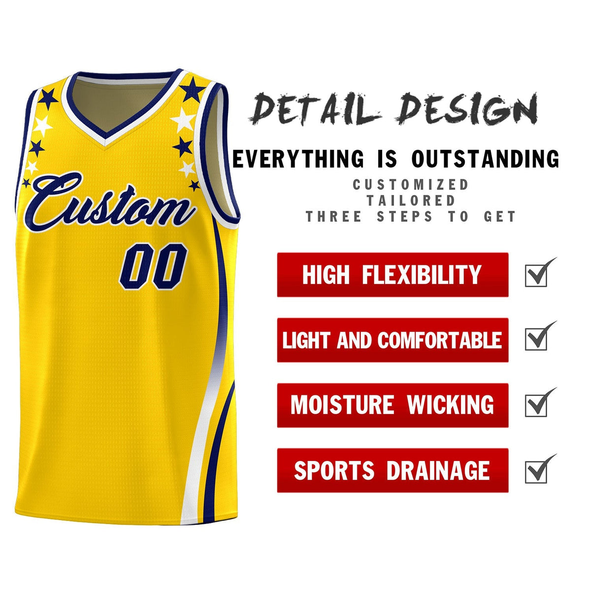 Custom Gold Shoulders Star Pattern Side Color Block Sports Uniform Basketball Jersey|KXKSHOP