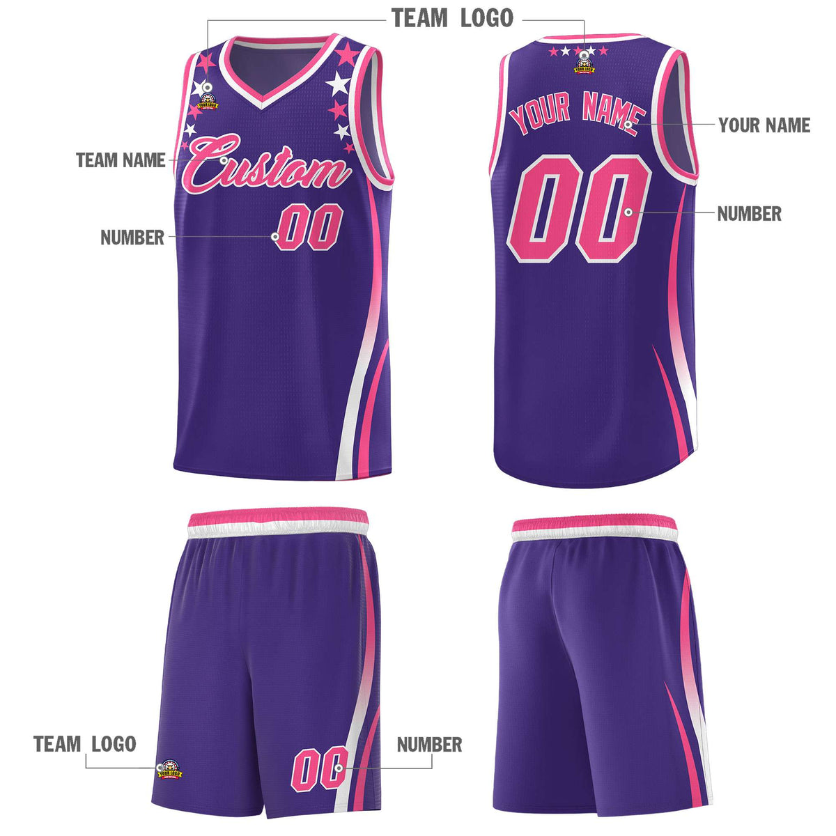 Custom Purple Shoulders Star Pattern Side Color Block Sports Uniform Basketball Jersey|KXKSHOP