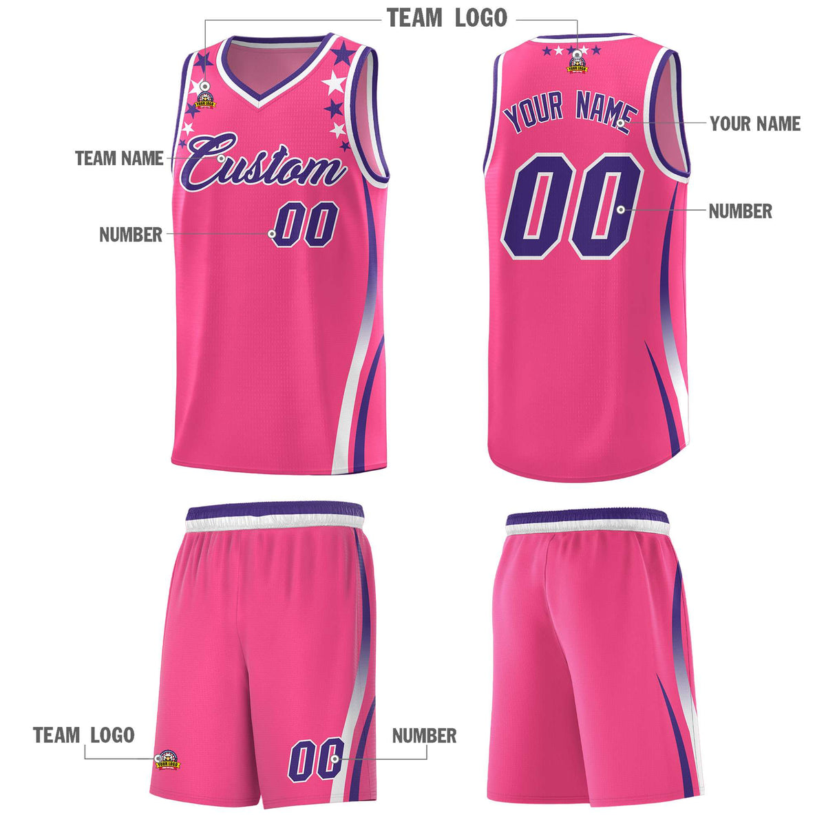 Custom Pink Shoulders Star Pattern Side Color Block Sports Uniform Basketball Jersey|KXKSHOP
