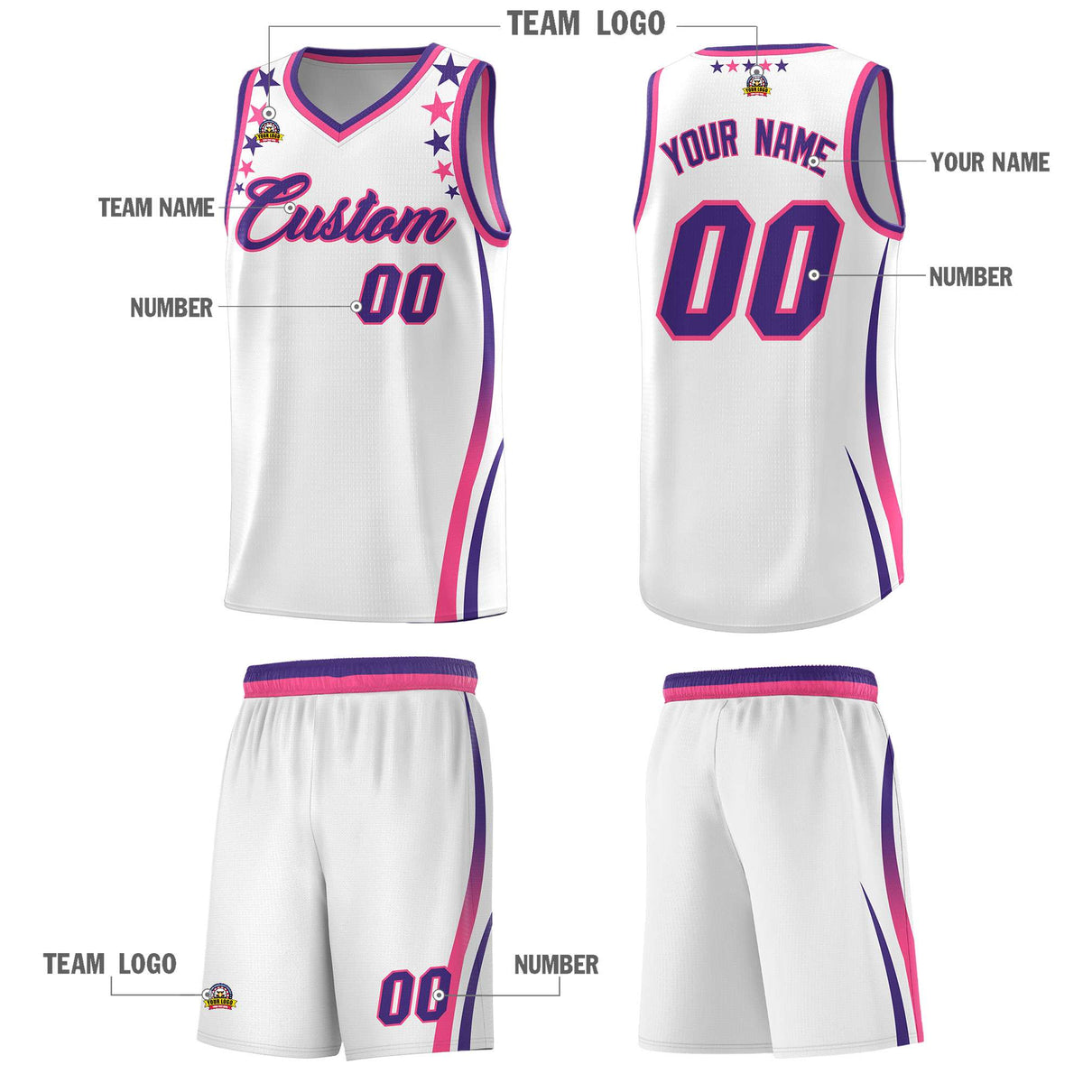 Custom White Shoulders Star Pattern Side Color Block Sports Uniform Basketball Jersey|KXKSHOP