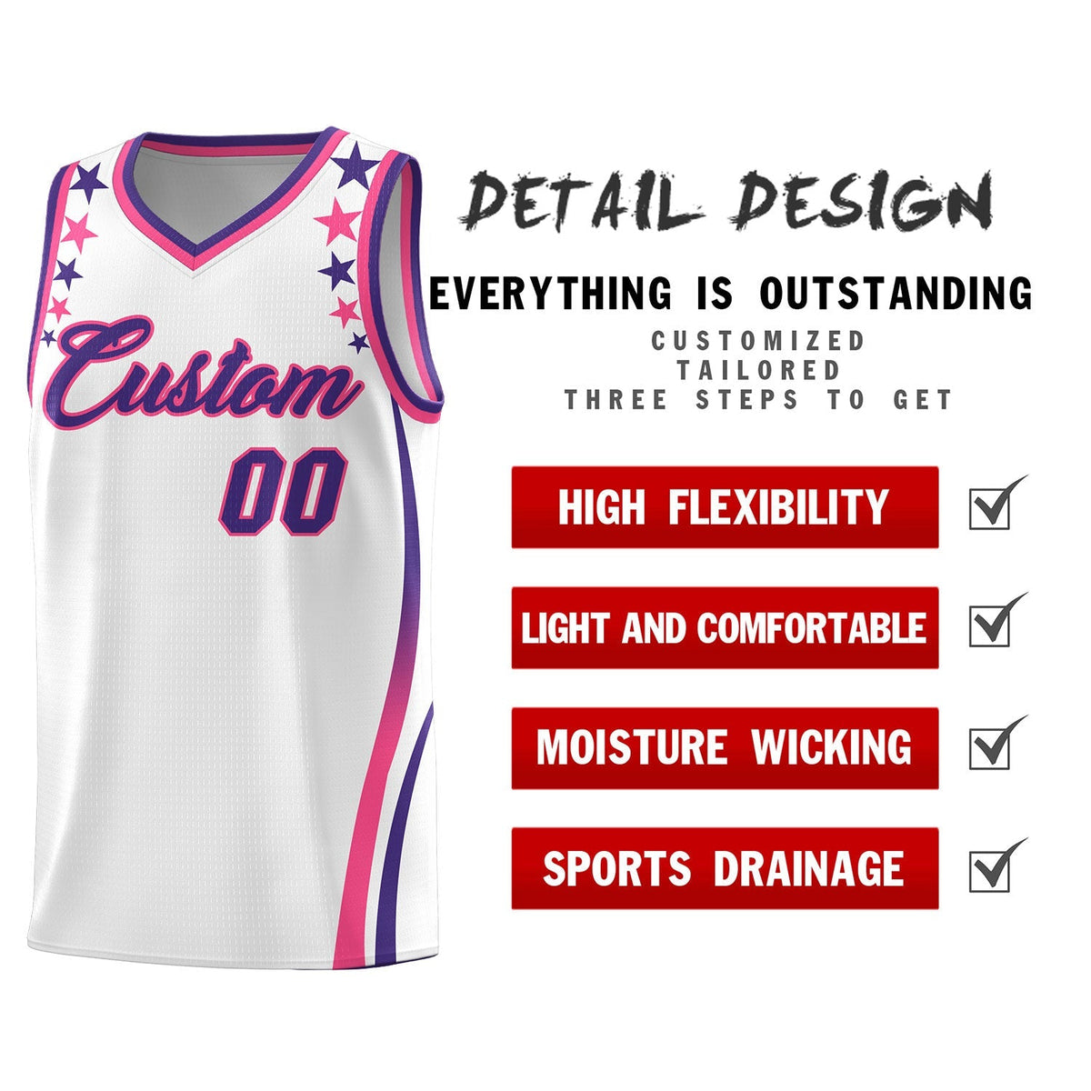 Custom White Shoulders Star Pattern Side Color Block Sports Uniform Basketball Jersey|KXKSHOP