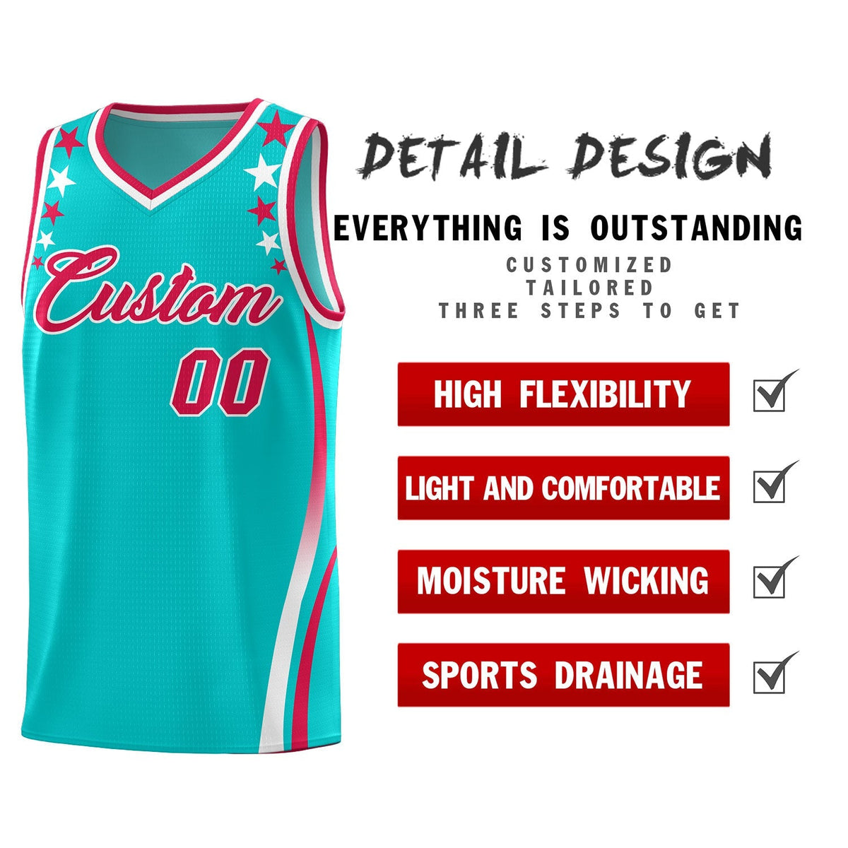 Custom Sky Blue Shoulders Star Pattern Side Color Block Sports Uniform Basketball Jersey|KXKSHOP