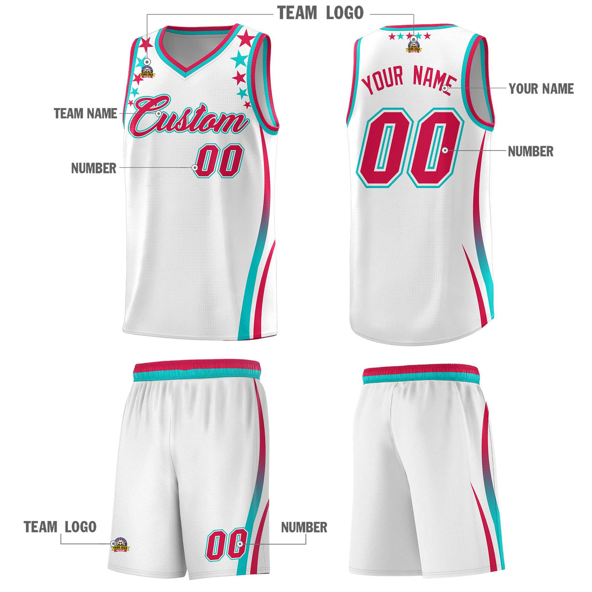 Custom White Shoulders Star Pattern Side Color Block Sports Uniform Basketball Jersey|KXKSHOP