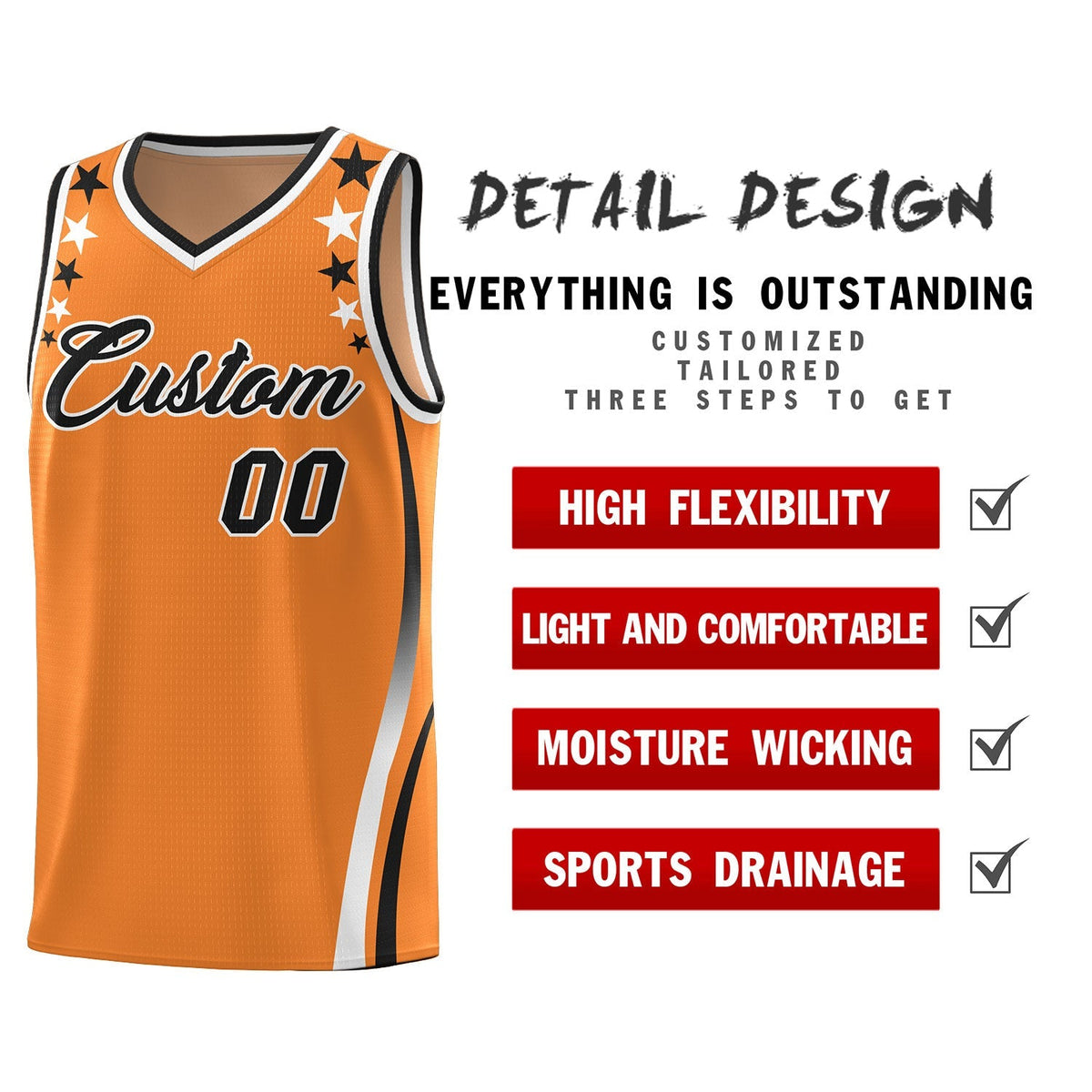 Custom Orange Shoulders Star Pattern Side Color Block Sports Uniform Basketball Jersey|KXKSHOP