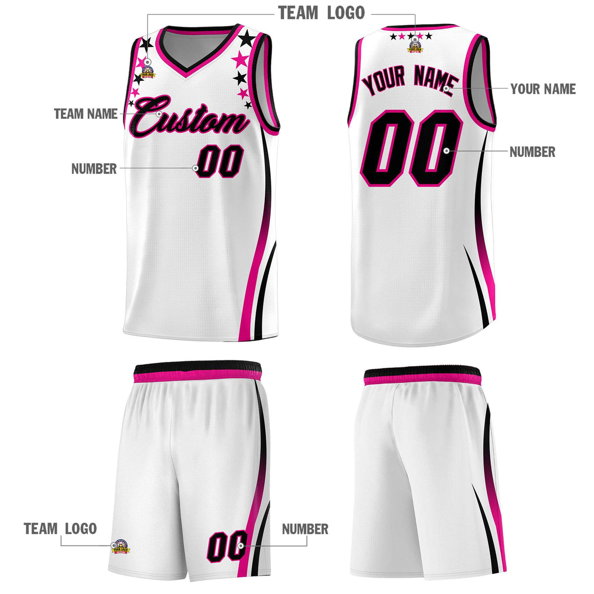 Custom White Shoulders Star Pattern Side Color Block Sports Uniform Basketball Jersey|KXKSHOP