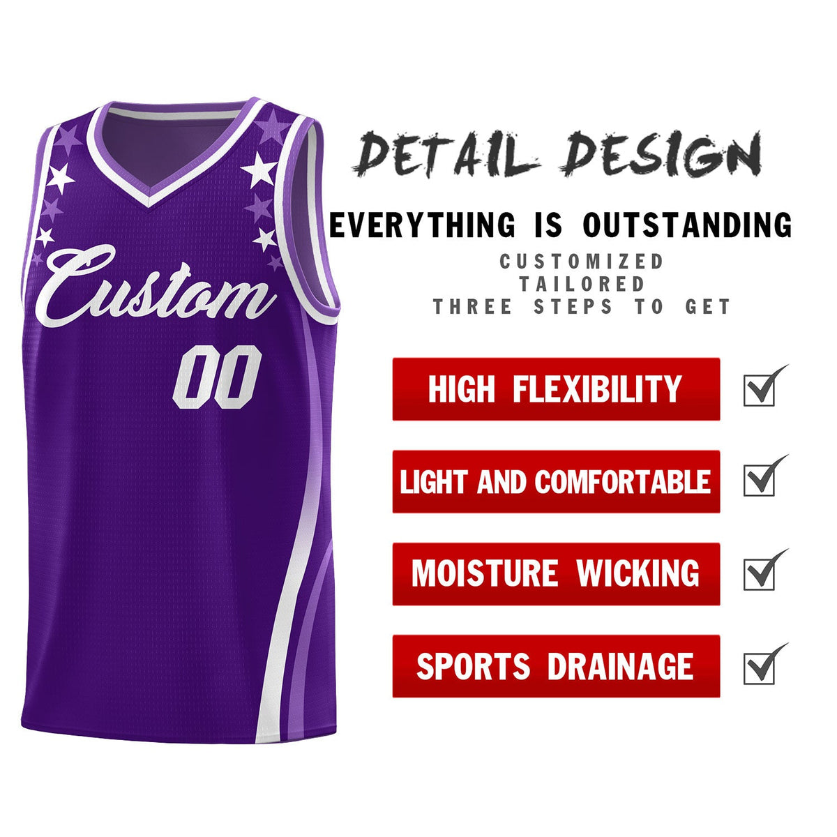 Custom Purple Shoulders Star Pattern Side Color Block Sports Uniform Basketball Jersey|KXKSHOP