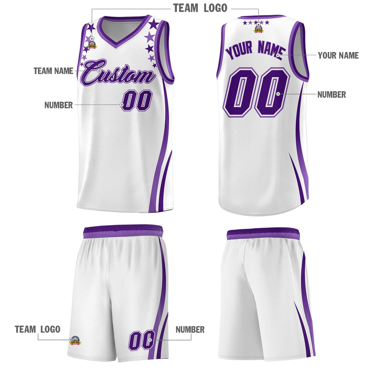 Custom White Shoulders Star Pattern Side Color Block Sports Uniform Basketball Jersey|KXKSHOP