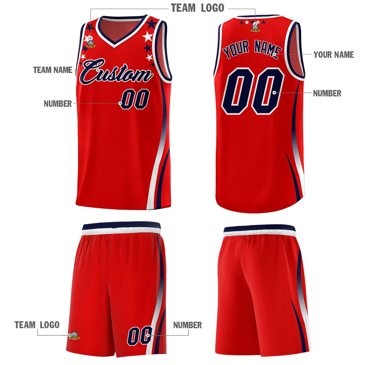 Custom Red Shoulders Star Pattern Side Color Block Sports Uniform Basketball Jersey|KXKSHOP