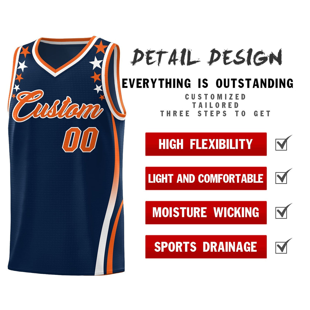 Custom Navy Shoulders Star Pattern Side Color Block Sports Uniform Basketball Jersey|KXKSHOP