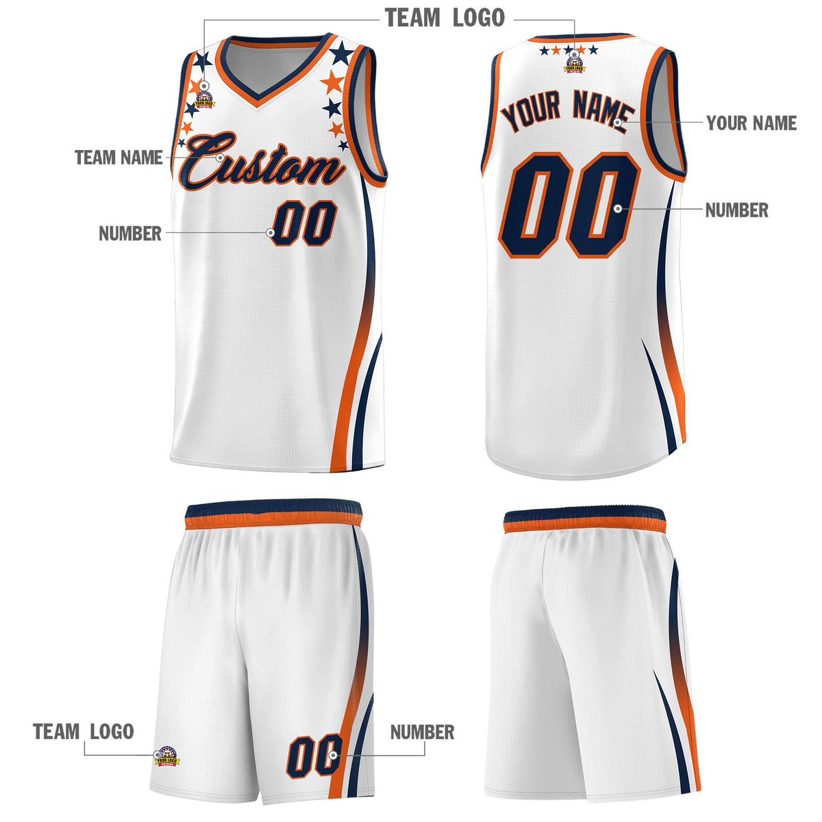Custom White Shoulders Star Pattern Side Color Block Sports Uniform Basketball Jersey|KXKSHOP