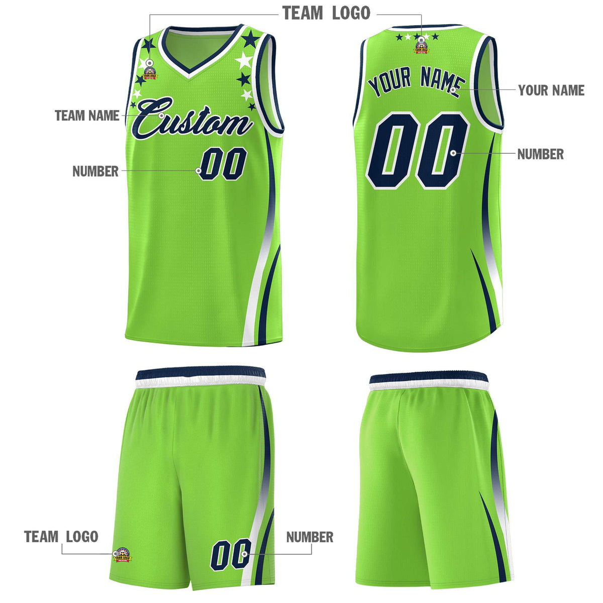 Custom Neon Green Shoulders Star Pattern Side Color Block Sports Uniform Basketball Jersey|KXKSHOP