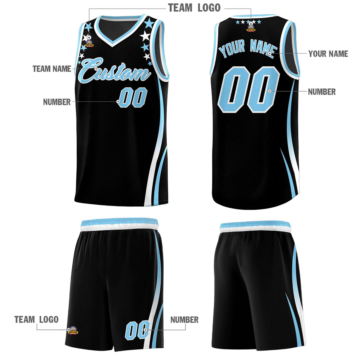 Custom Black Shoulders Star Pattern Side Color Block Sports Uniform Basketball Jersey|KXKSHOP