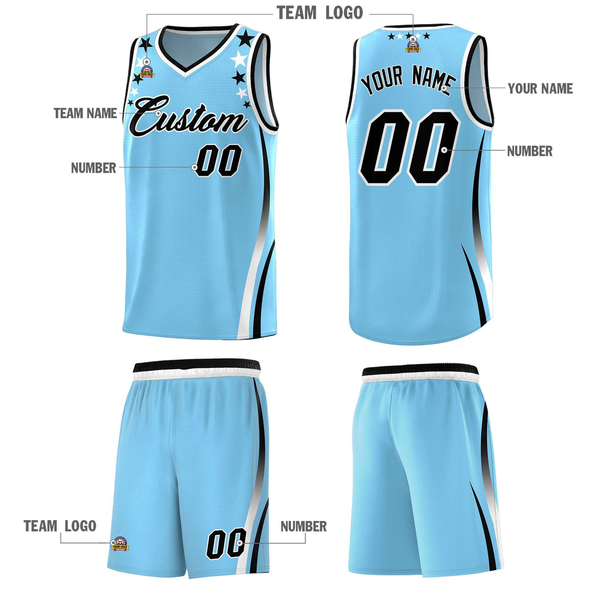 Custom Light Blue Shoulders Star Pattern Side Color Block Sports Uniform Basketball Jersey|KXKSHOP