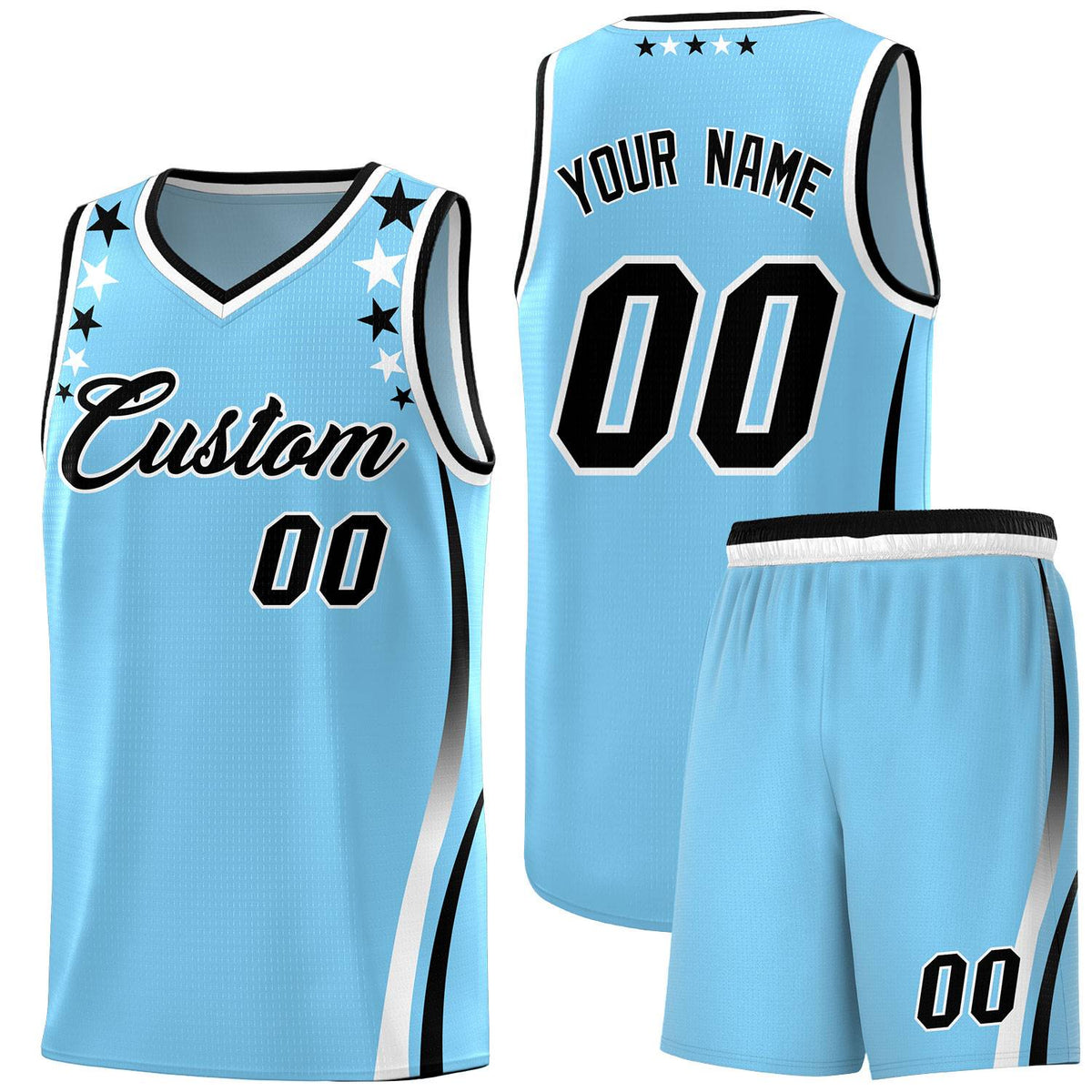 Custom Light Blue Shoulders Star Pattern Side Color Block Sports Uniform Basketball Jersey|KXKSHOP