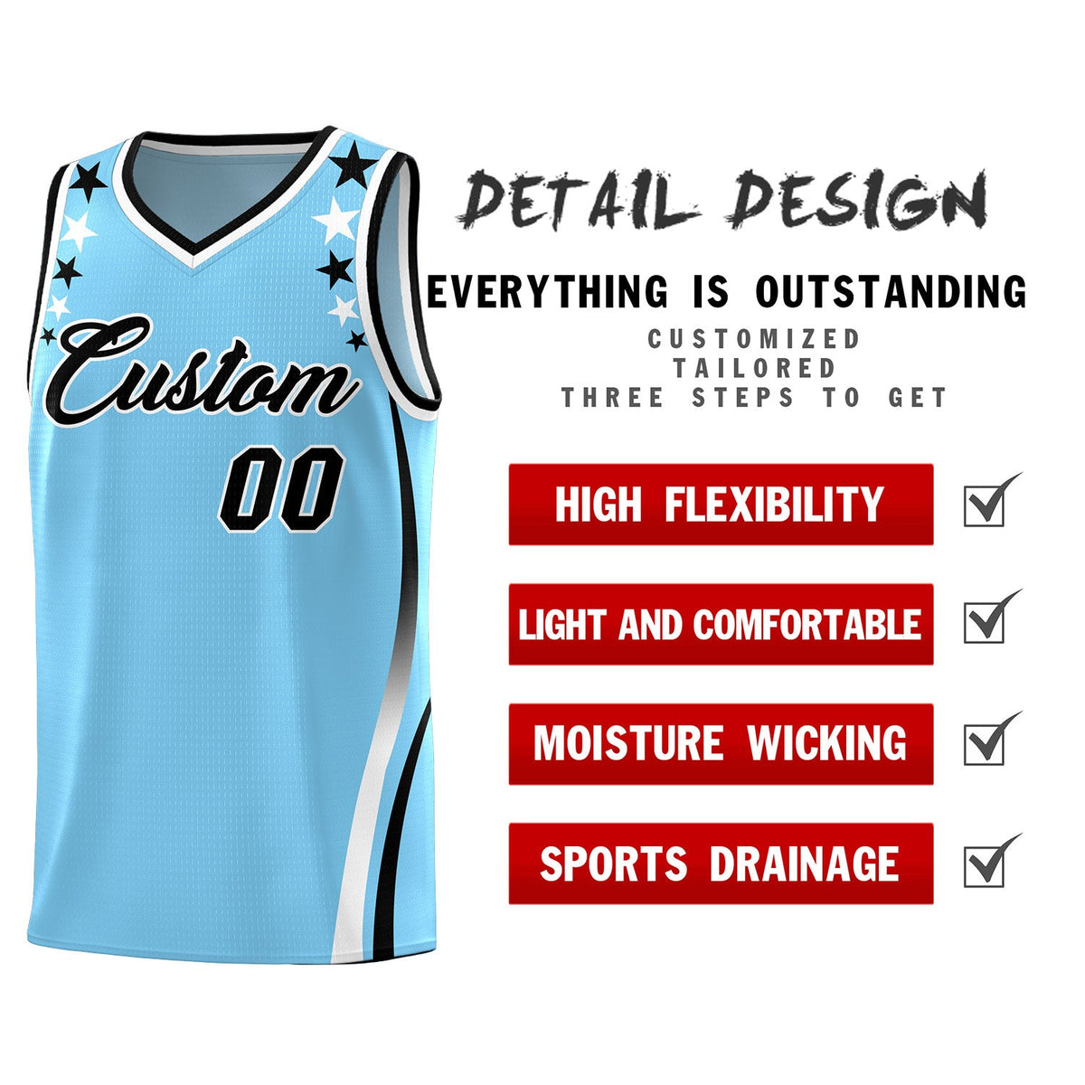 Custom Light Blue Shoulders Star Pattern Side Color Block Sports Uniform Basketball Jersey|KXKSHOP