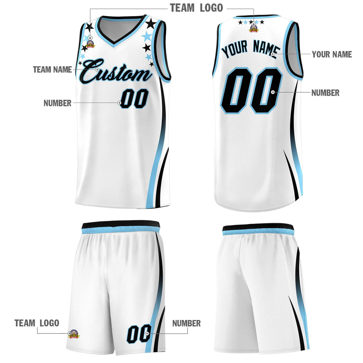 Custom White Shoulders Star Pattern Side Color Block Sports Uniform Basketball Jersey|KXKSHOP