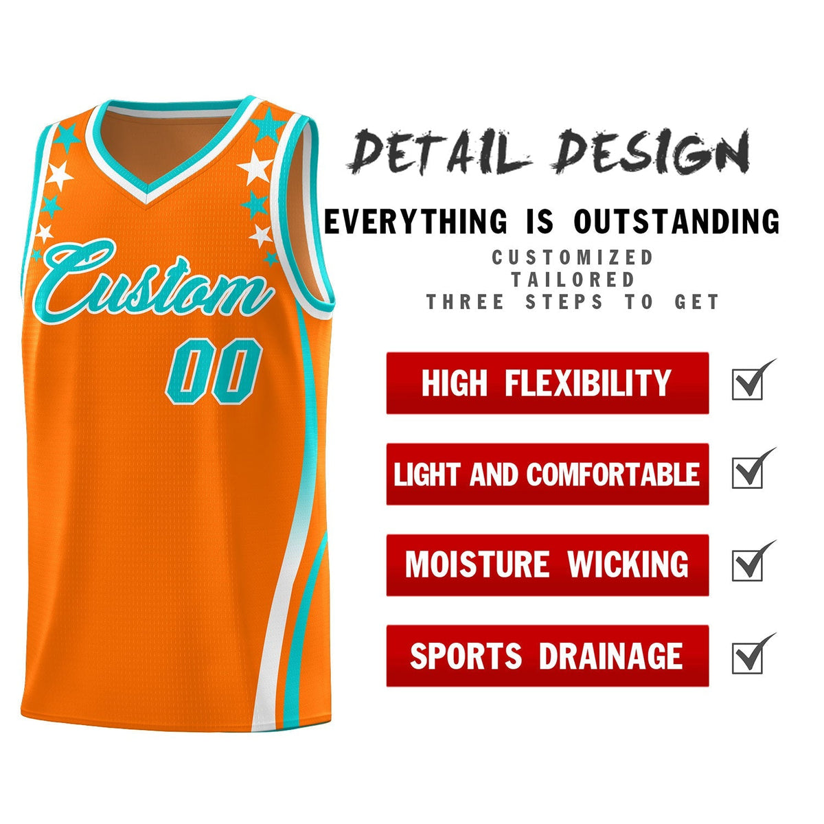 Custom Orange Shoulders Star Pattern Side Color Block Sports Uniform Basketball Jersey|KXKSHOP