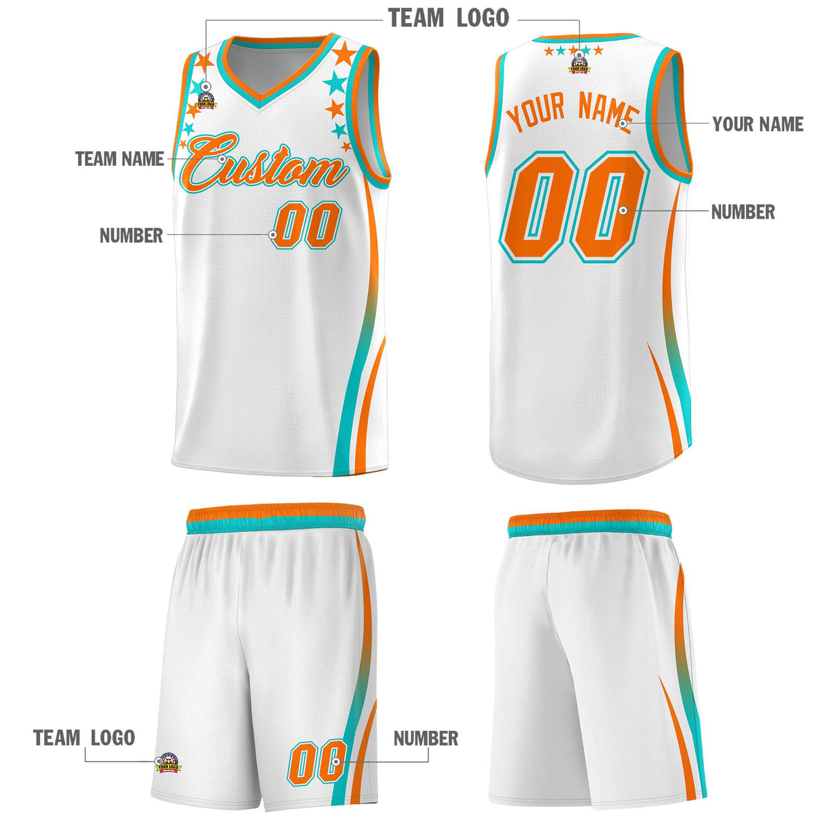 Custom White Shoulders Star Pattern Side Color Block Sports Uniform Basketball Jersey|KXKSHOP