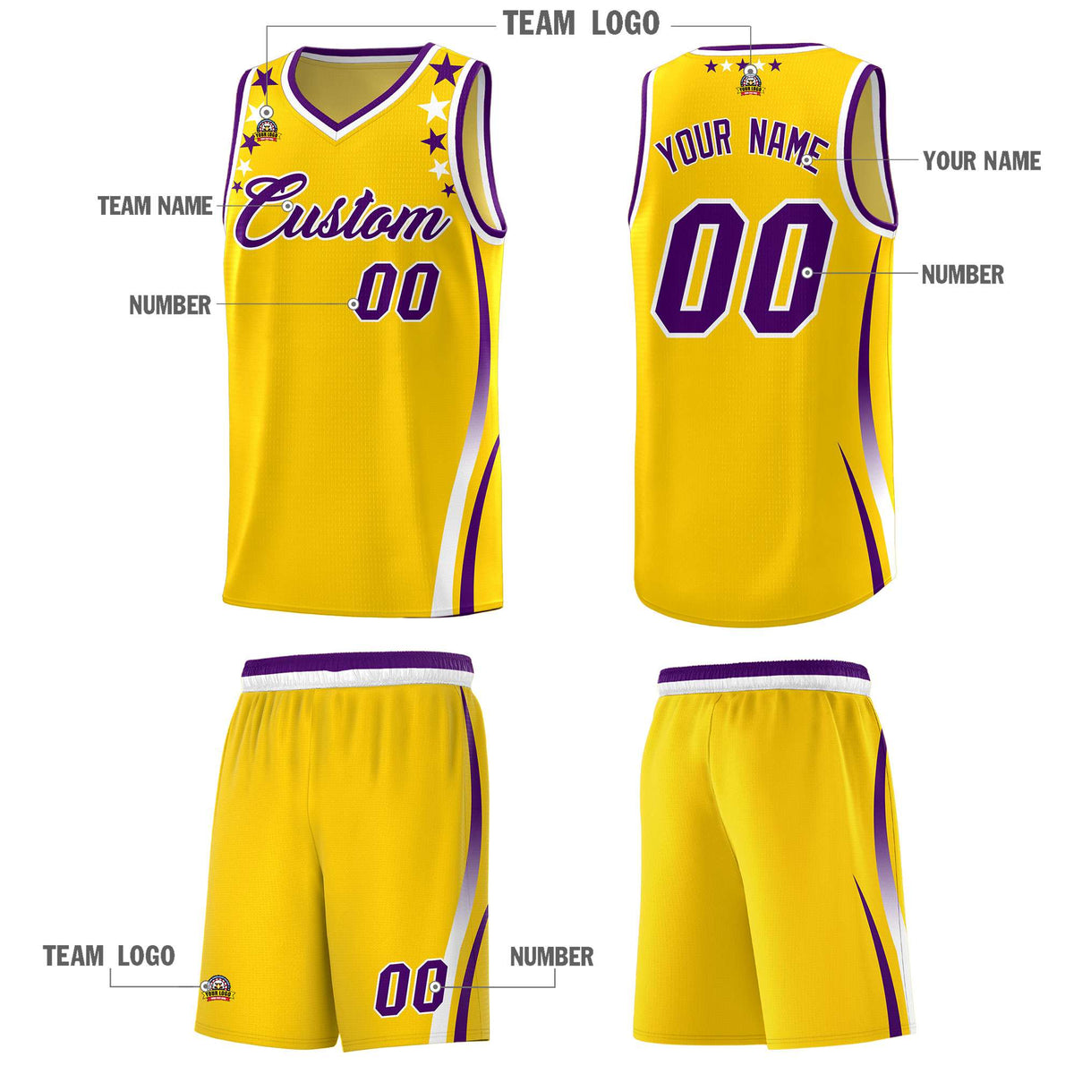 Custom Gold Shoulders Star Pattern Side Color Block Sports Uniform Basketball Jersey|KXKSHOP
