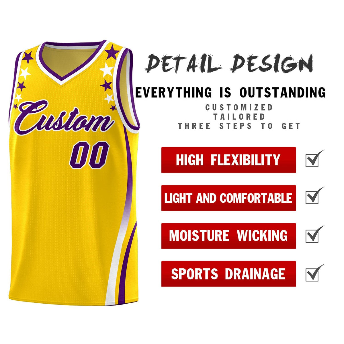 Custom Gold Shoulders Star Pattern Side Color Block Sports Uniform Basketball Jersey|KXKSHOP