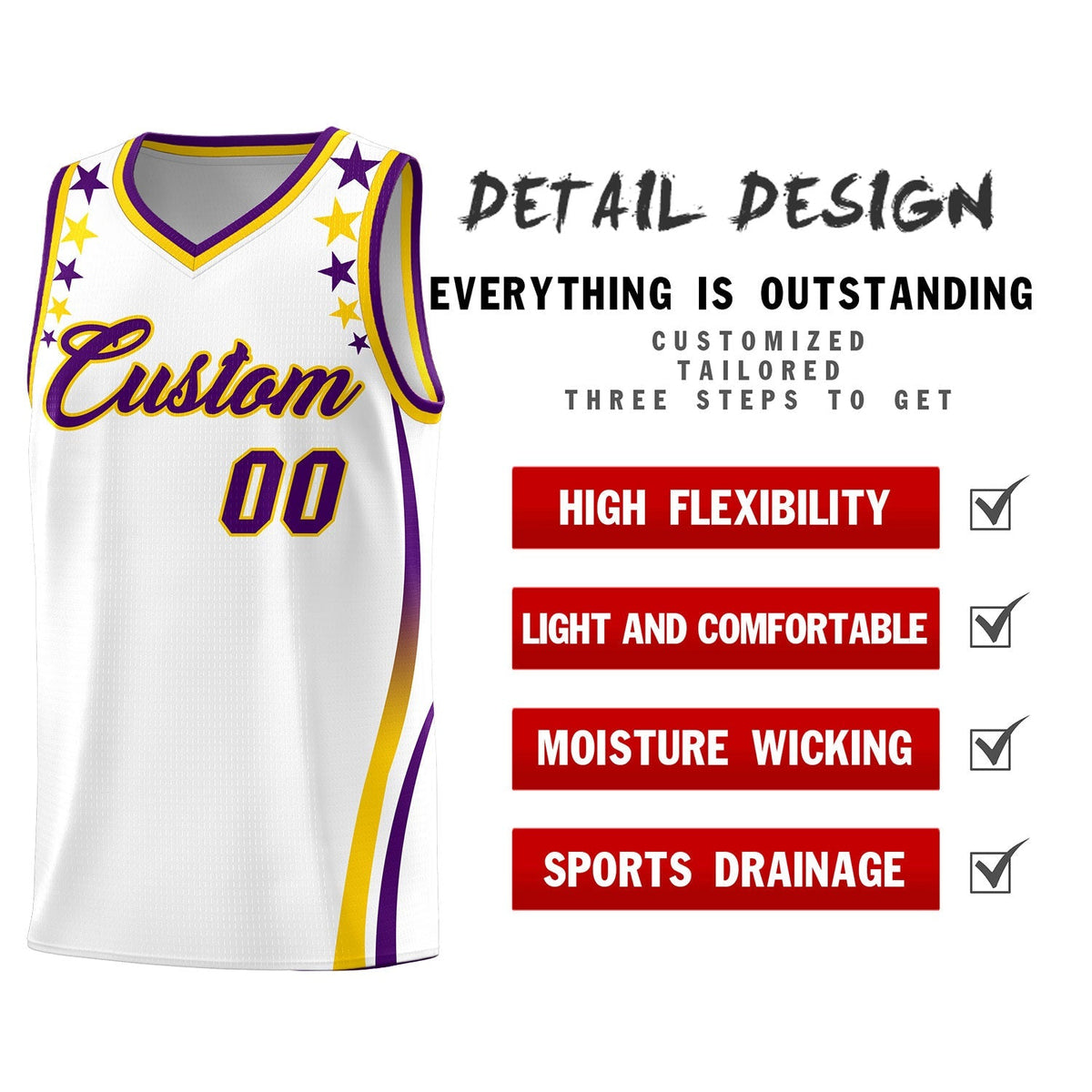 Custom White Shoulders Star Pattern Side Color Block Sports Uniform Basketball Jersey|KXKSHOP