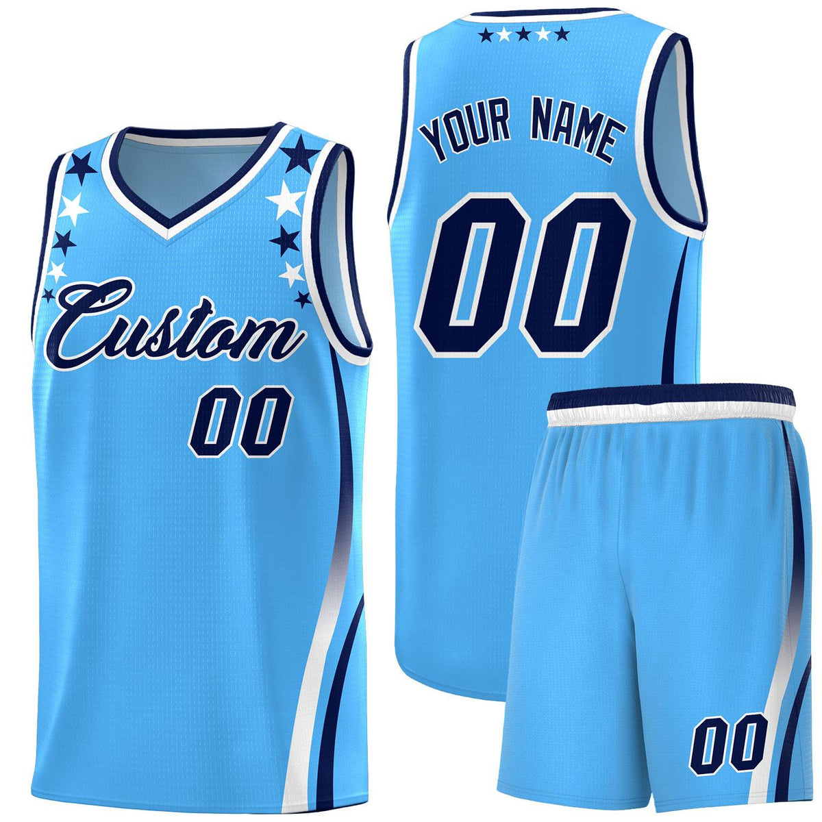 Custom Light Blue Shoulders Star Pattern Side Color Block Sports Uniform Basketball Jersey|KXKSHOP