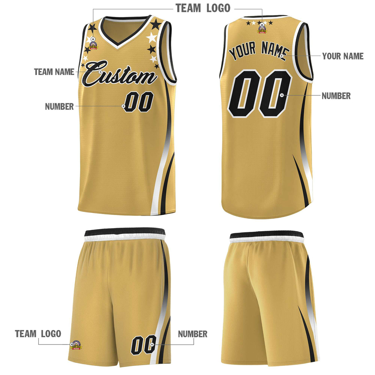 Custom Old Gold Shoulders Star Pattern Side Color Block Sports Uniform Basketball Jersey|KXKSHOP