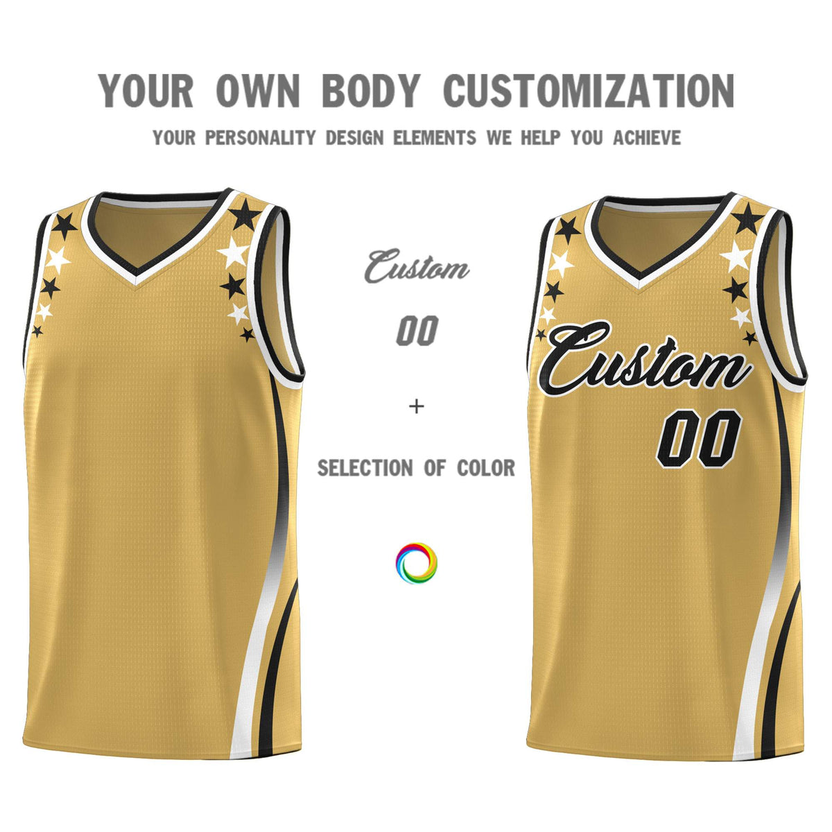 Custom Old Gold Shoulders Star Pattern Side Color Block Sports Uniform Basketball Jersey|KXKSHOP