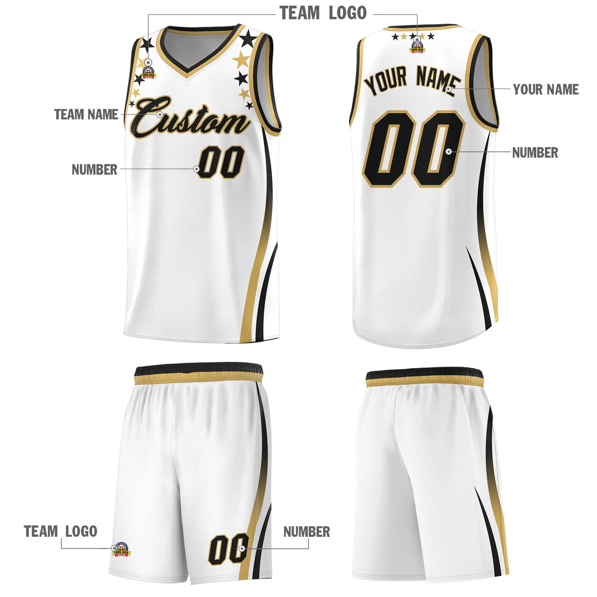 Custom White Shoulders Star Pattern Side Color Block Sports Uniform Basketball Jersey|KXKSHOP