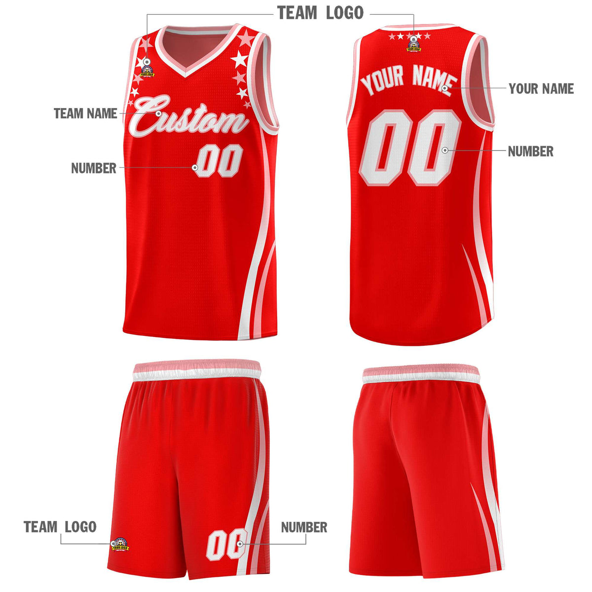 Custom Red Shoulders Star Pattern Side Color Block Sports Uniform Basketball Jersey|KXKSHOP