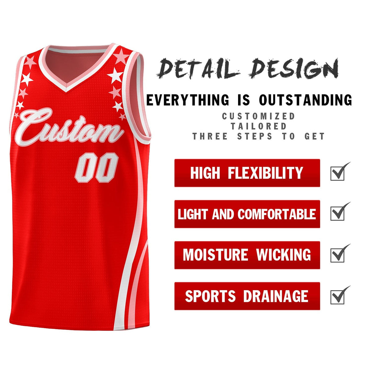 Custom Red Shoulders Star Pattern Side Color Block Sports Uniform Basketball Jersey|KXKSHOP