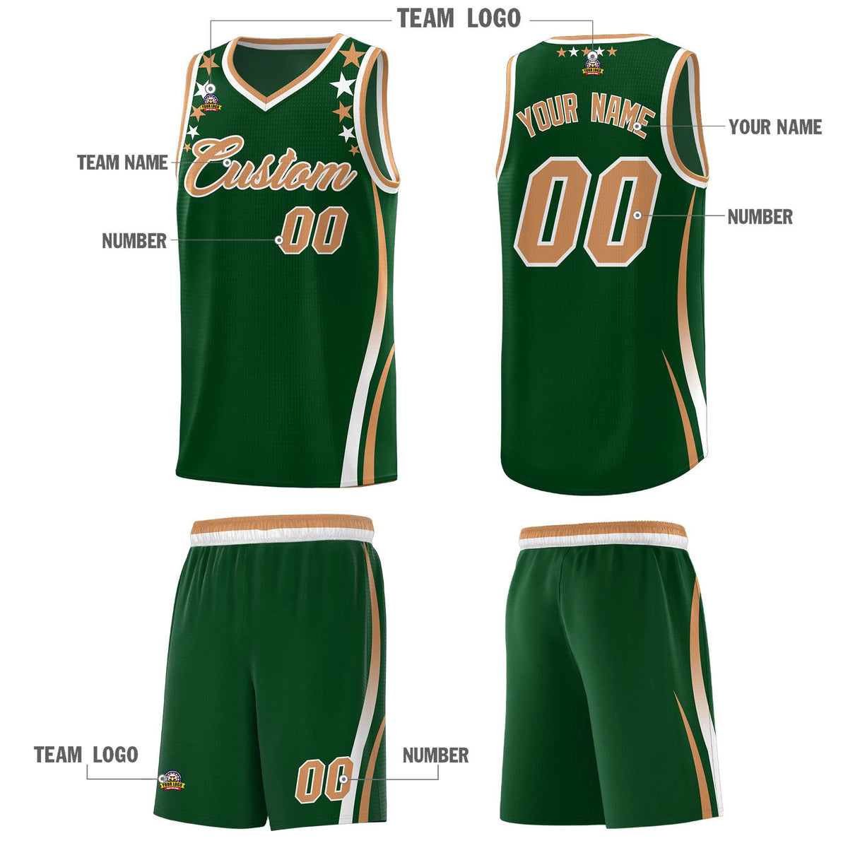 Custom Green Shoulders Star Pattern Side Color Block Sports Uniform Basketball Jersey|KXKSHOP