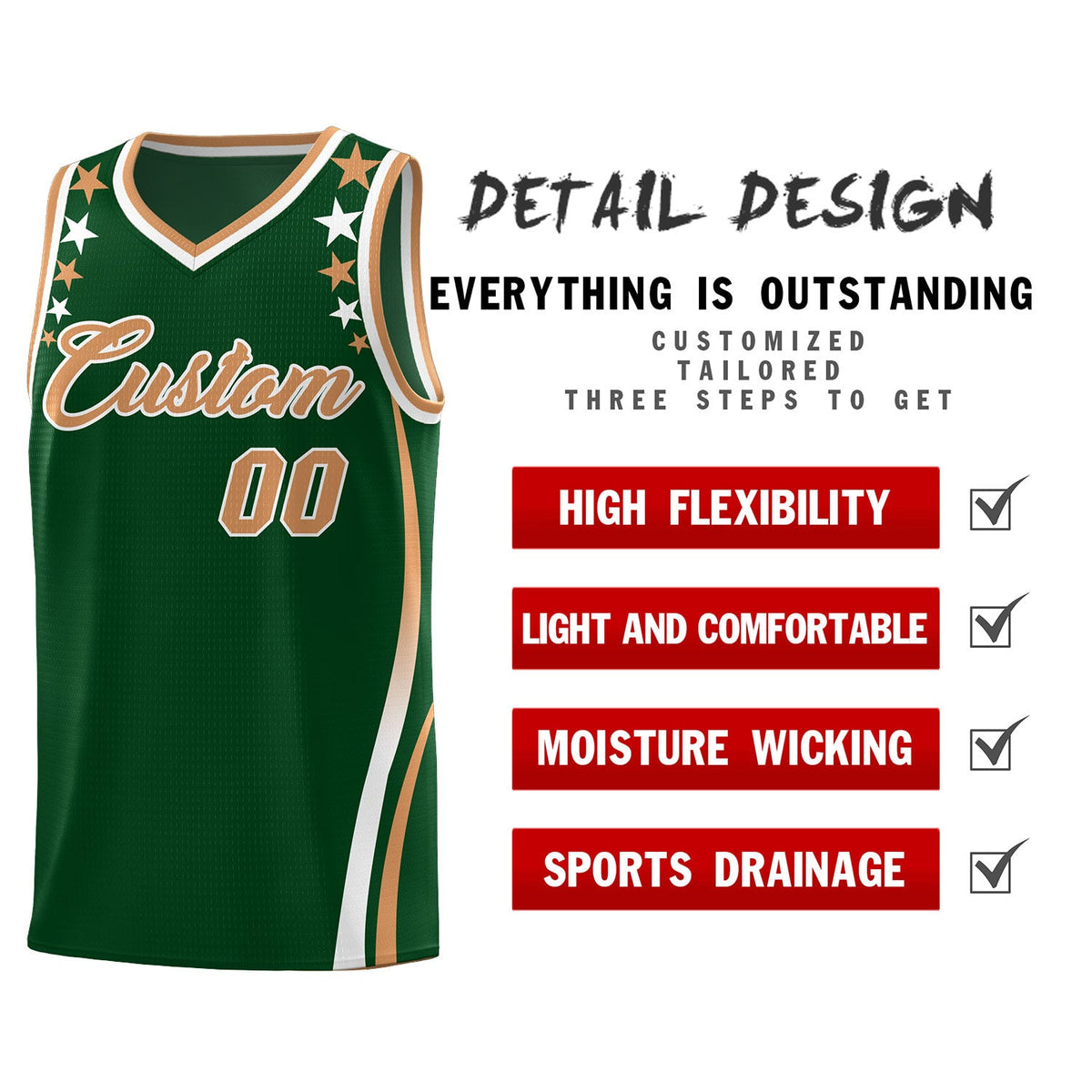 Custom Green Shoulders Star Pattern Side Color Block Sports Uniform Basketball Jersey|KXKSHOP