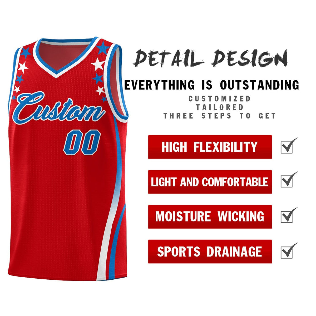 Custom Red Shoulders Star Pattern Side Color Block Sports Uniform Basketball Jersey|KXKSHOP