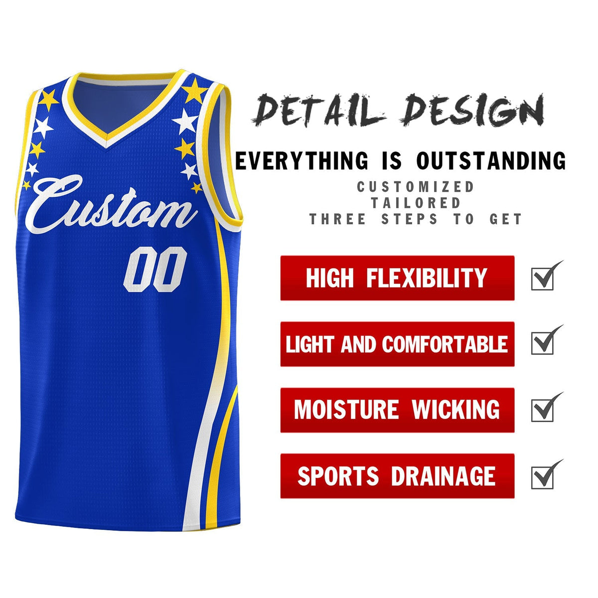 Custom Royal Shoulders Star Pattern Side Color Block Sports Uniform Basketball Jersey|KXKSHOP