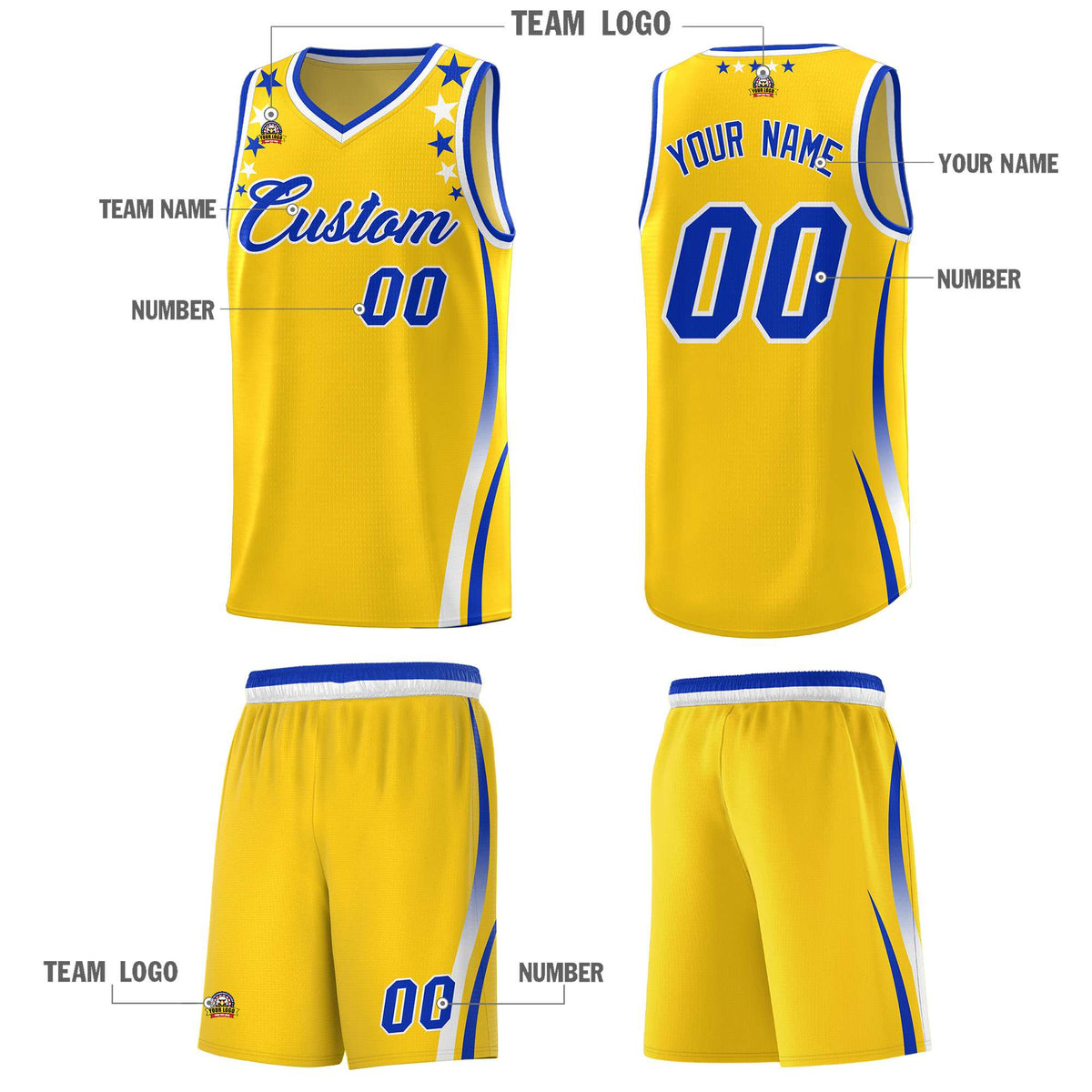 Custom Gold Shoulders Star Pattern Side Color Block Sports Uniform Basketball Jersey|KXKSHOP