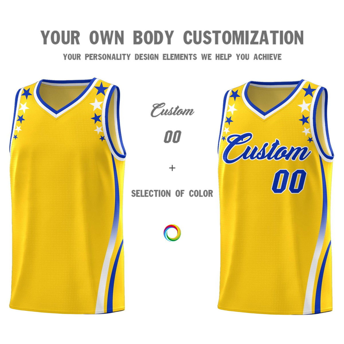 Custom Gold Shoulders Star Pattern Side Color Block Sports Uniform Basketball Jersey|KXKSHOP