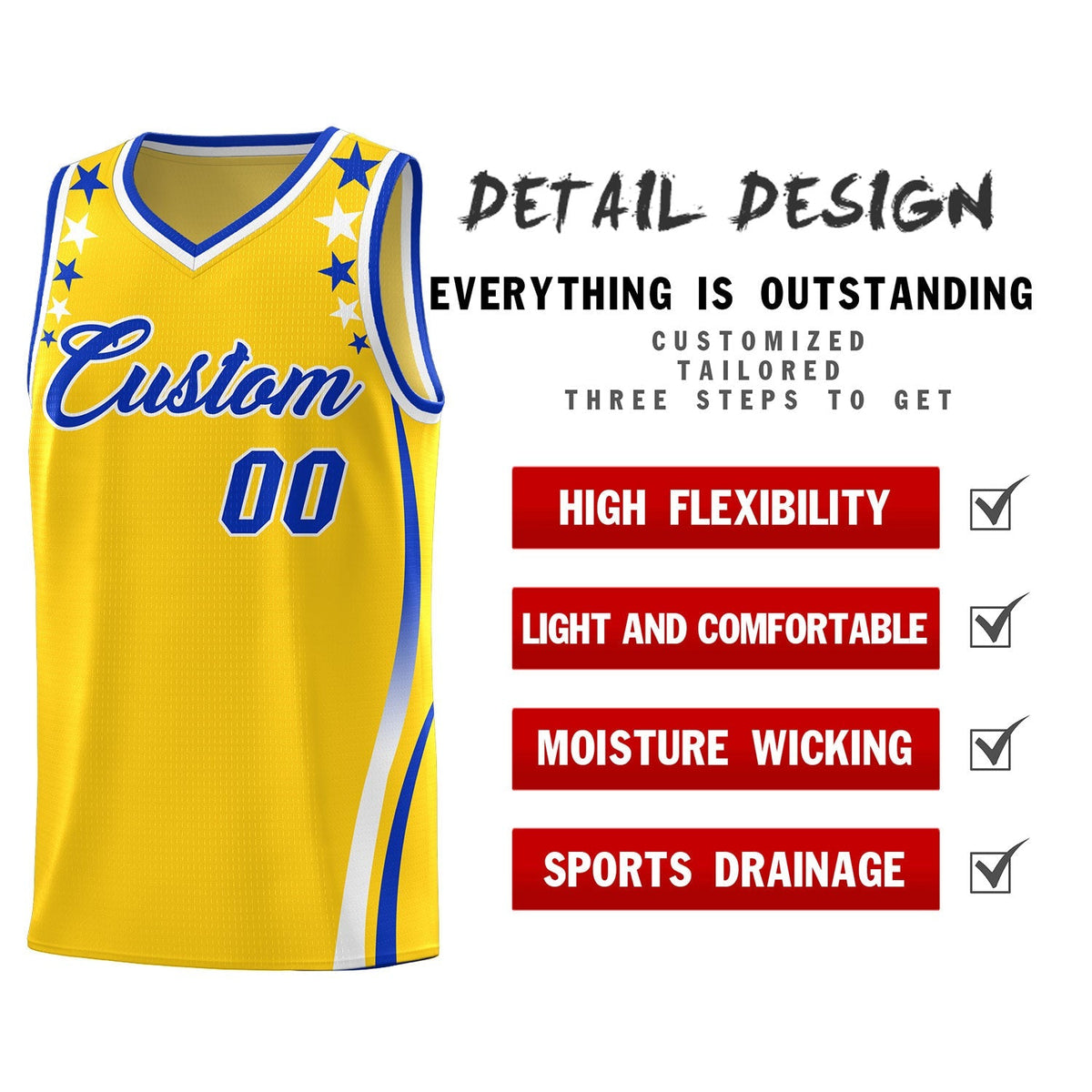 Custom Gold Shoulders Star Pattern Side Color Block Sports Uniform Basketball Jersey|KXKSHOP