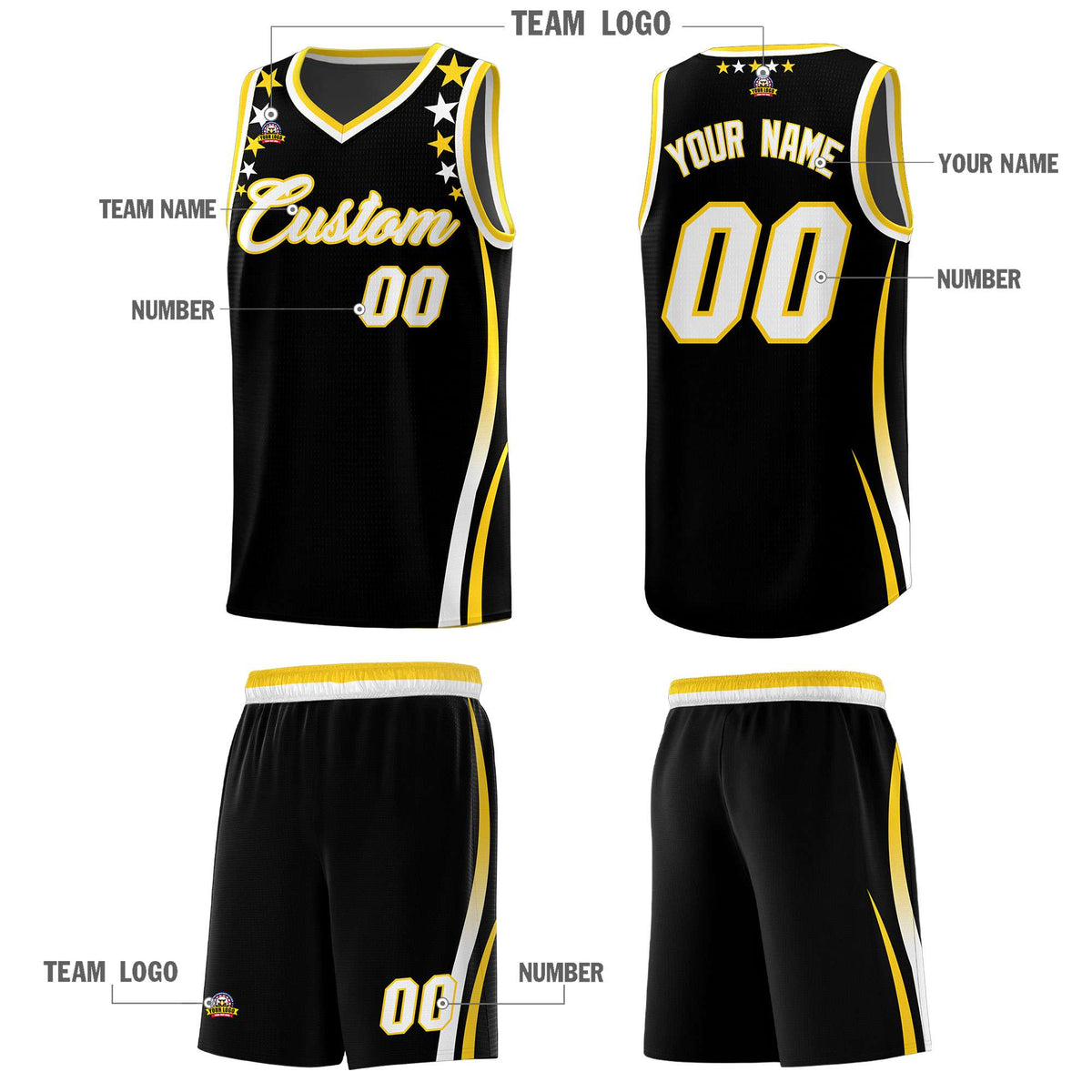 Custom Black Shoulders Star Pattern Side Color Block Sports Uniform Basketball Jersey|KXKSHOP