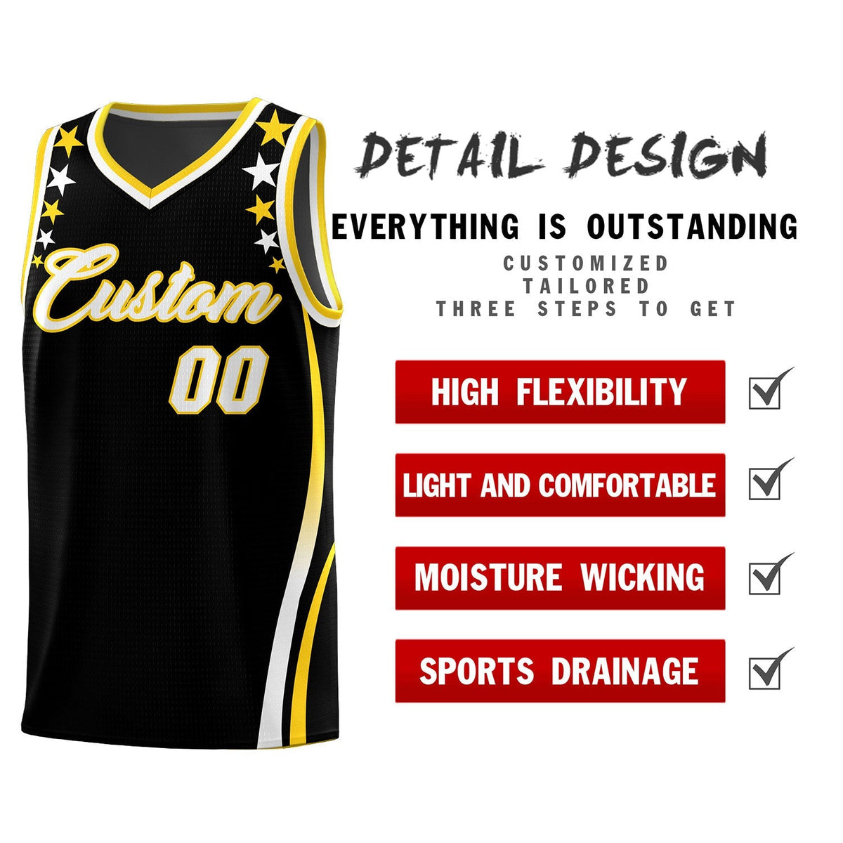 Custom Black Shoulders Star Pattern Side Color Block Sports Uniform Basketball Jersey|KXKSHOP
