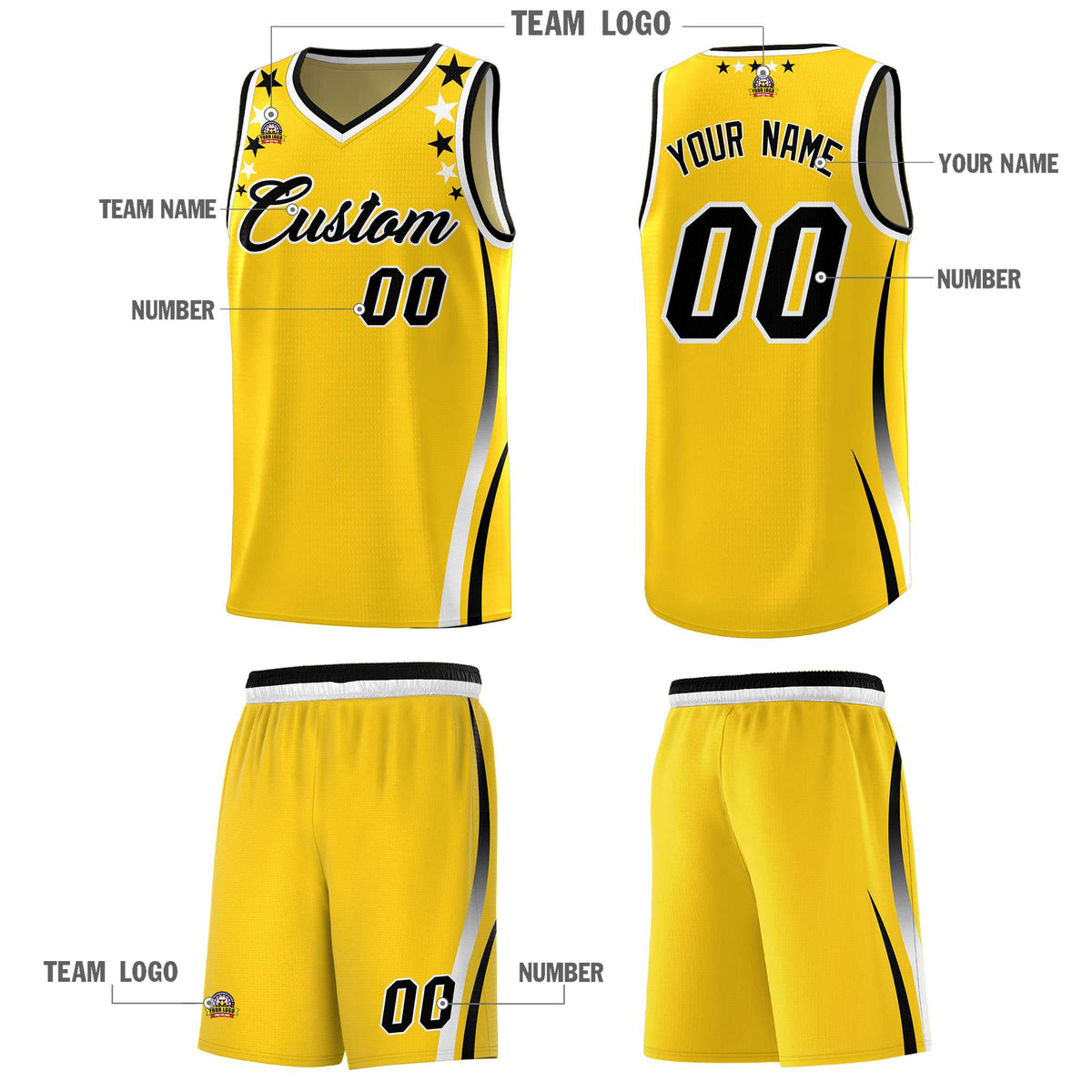Custom Gold Shoulders Star Pattern Side Color Block Sports Uniform Basketball Jersey|KXKSHOP