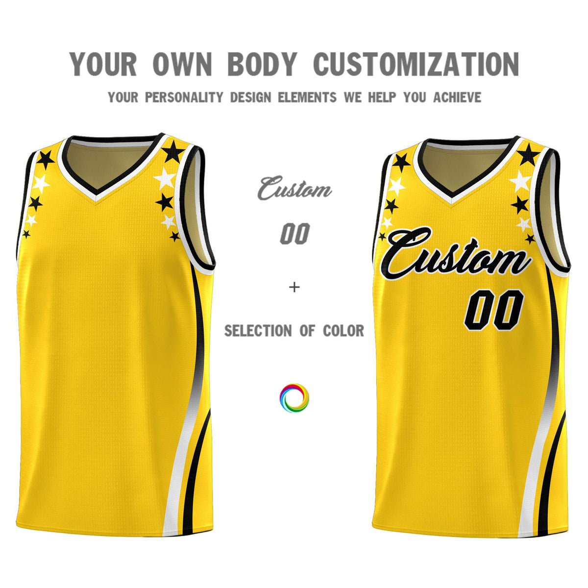 Custom Gold Shoulders Star Pattern Side Color Block Sports Uniform Basketball Jersey|KXKSHOP